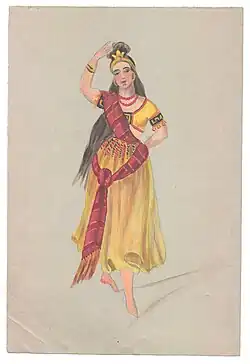 Indisches Theaterkostüm, Zeichnung vermutlich von Pietro Krohn. Zeichnung befindet sich im Archiv von Det Kongelige Teater im Rigsarkivet, Kopenhagen.