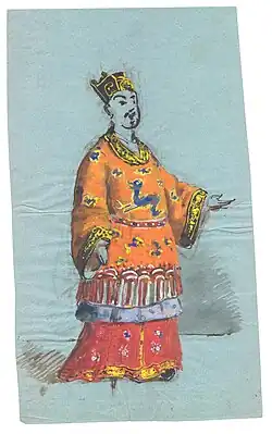 Chinesisches Theaterkostüm, Zeichnung vermutlich von Pietro Krohn. Zeichnung befindet sich im Archiv von Det Kongelige Teater im Rigsarkivet, Kopenhagen.