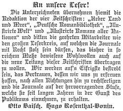 Übernahme der Redaktion von Über Land und Meer durch Otto Baisch, Juni 1885.