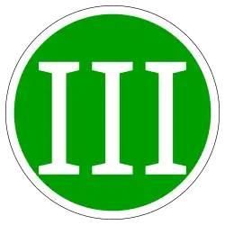 Aus SVG erzeugte Grafik, die eine magnetische Plakette beziehungsweise einen Aufkleber für ein „EURO III sicheres“ Fahrzeug darstellt.