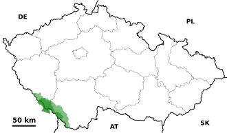 Nationalpark (dunkelgrün) und LSG (hellgrün) Šumava. Auf deutscher Seite Nationalpark Bayerischer Wald.