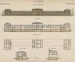 Grundriss, Querschnitt und Ansicht des Bahnhofsgebäudes, 1872