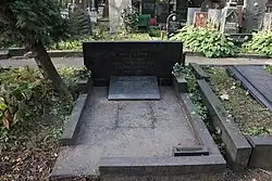 Grabstein und teils mit Steinen eingerahmte Bodenplatte in Farbe von vorn.