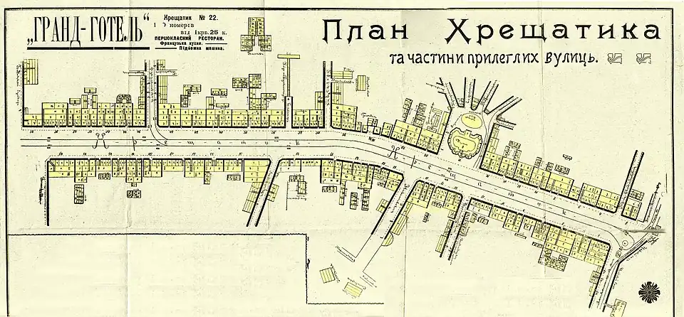 Bebauungsplan der im späten 19. Jahrhundert angelegten zentralen Straße Chreschtschatyk, 1909