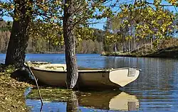 An einem Laubbaum am Seeufer angelegtes Ruderboot