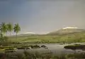 Ölgemälde Hilo from the Bay von James Gay Sawkins mit den schneebedeckten Gipfeln von Mauna Loa und Mauna Kea im Hintergrund