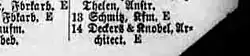 1880: (Alexanderplatz) 14 Deckers & Knobel, Architekt. E(igentümer).