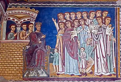 Kaiser Konstantin, von Aussatz befallen beruhigt die Mütter, die um Gnade für ihre Söhne bitten.