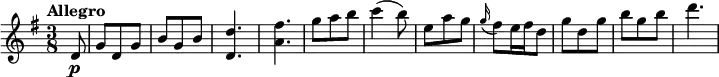 \relative c'' {
\version "2.18.2"
\key g \major
\tempo "Allegro"
\time 3/8
\tempo 4 = 160
\partial 2 d,8 \p
g d g b g b
<d, d'>4.
<a' fis'>4.
g'8 a b
c4 (b8)
e,8 a g
\grace g16 (fis8) e16 fis d8
g d g b g b
d4.
}