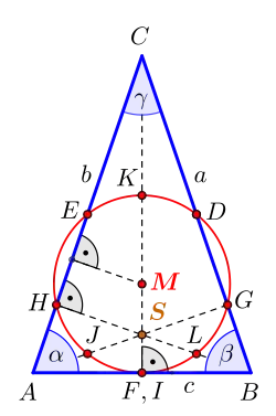 Bild 2: Gleichschenkliges Dreieck mit Feuerbachkreis (rot), die neun Punkte verteilen sich hier auf acht unterschiedliche Positionen