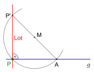 Errichten eines Lots mithilfe des Thaleskreises. Die Position des Punktes '"`UNIQ--postMath-00000029-QINU`"' ist frei wählbar.