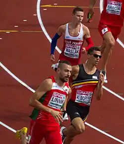 Erstes Semifinale (v.&nbsp;l.&nbsp;n.&nbsp;r.): Aljaksandr Linnik, Pavel Maslák, Kevin Borlée, Samuel&nbsp;García