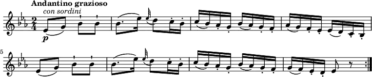 
\relative c'' {
  \version "2.18.2"
  \key ees \major 
  \tempo "Andantino grazioso"
  \time 2/4
  \tempo 4 = 60
    ees,8\p^\markup { \italic { con sordini } } (g) bes-! bes-!
    bes8. (ees16) \grace ees32 ( d8) c16-. bes-. 
    c (bes) aes-. g-. bes (aes) g-. f-.
    aes (g) f-. ees-. ees (d) c-. bes-.
    ees8 (g) bes-! bes-!
    bes8. (ees16) \grace ees32 ( d8) c16-. bes-.
    c (bes) aes-. g-. bes (aes) g-. f-.
    g (f) ees-. d-. ees8 r8  \bar ":|."
}
