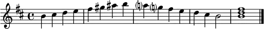 
\relative f' { \tempo 4 = 160 \set Score.tempoHideNote = ##t
   \key b \minor
   b cis d e | fis gis ais b | a? g? fis e | d cis b2 | << b1 d fis >> \bar "|."
}
