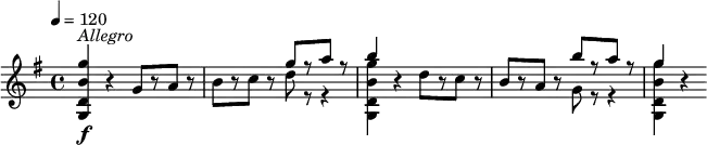 
\relative c''' {
  \version "2.18.2"
  \key g \major
  \tempo 4 = 120
  <g b, d, g,>4\f^\markup { \italic  Allegro } r g,8[ r a] r |
  b8[ r c] r
     << { g'8[ r a] r | b4 } \\ { d,8 r r4 | <g b, d, g,>4 } >>
  r4 d8[ r c] r |
  b8[ r a] r
     << { b'8[ r a] r | g4 } \\ { g,8 r r4 | <g' b, d, g,>4 } >>
  r4
}
