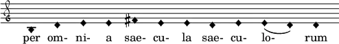 { \clef "petrucci-g" \override Staff.TimeSignature #'stencil = ##f \set Score.timing = ##f \override Voice.NoteHead #'style = #'harmonic-black b1 d'1 e'1 e'1 fis'1 e'1 e'1 d'1 e'1 e'1 (d'1) d'1 } \addlyrics { per om- ni- a sae- cu- la sae- cu- lo- rum }