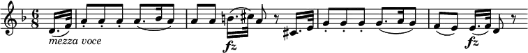  { \relative d' { \key d \minor \time 6/8
\partial 8 d16.( _\markup { \italic "mezza voce" } f32) | a8-. a-. a-. a8.( bes16 a8) |
a8[ a] b16.( \fz cis32) a8 r cis,16. e32) | g8-. g-. g-. g8.( a16 g8) | f8([ e)] e16.( \fz f32) d8 r
}}
\layout { \context {\Score \override SpacingSpanner.common-shortest-duration = #(ly:make-moment 1/16) }}

