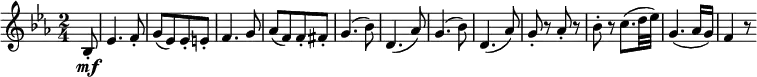  { \relative bes { \key es \major \time 2/4
\partial 8 bes8-. \mf | es4. f8-. | g8([ es) es-. e-.] | f4. g8 | as8([ f) f-. fis-.] |
g4.( bes8) | d,4.( as'8) | g4.( bes8) | d,4.( as'8) | g8-. r as-. r | bes8-. r c8.( d32 es) |
g,4.( as16 g) | f4 r8
}} 