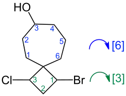 Brückenlängenermittlung: 1-Brom-3-chlor-spiro[3.6]decan-7-ol