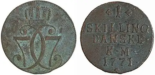 Die 1-Schilling-Kupfermünze von 1771.