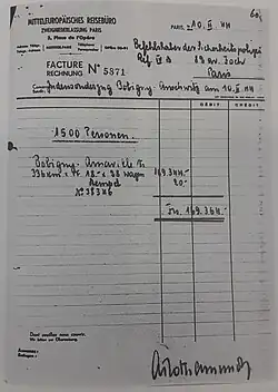 Handschriftliche Rechnung für die französische Wegstrecke dieses Deportationszuges sowie für einen Stempel