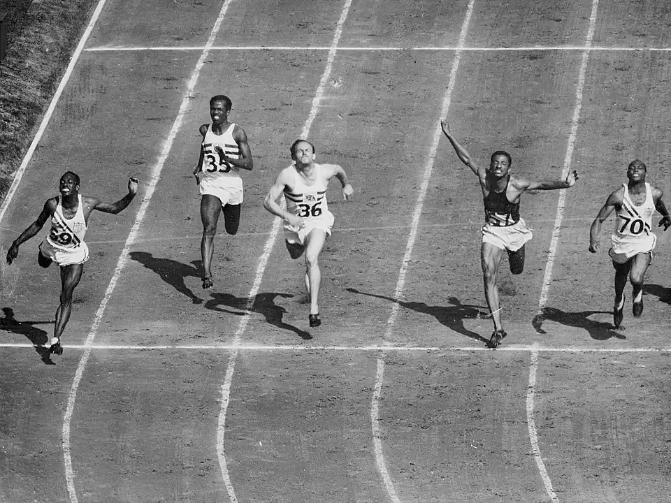 100-Meter-Zieleinlauf (v.&nbsp;l.&nbsp;n.&nbsp;r.): Harrison&nbsp;Dillard, McDonald&nbsp;Bailey, Alastair&nbsp;McCorquodale, Lloyd&nbsp;LaBeach, Barney&nbsp;Ewell, nicht im Bild: Mel&nbsp;Patton