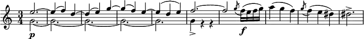 { \relative e'' { \key c \major \time 3/4 <<
\new Voice = "first" { \voiceOne e2.~ e4( f) d~ d( e) g~ g( f) e~ e( d e) f2.~ f2 }
\new Voice = "second" { \voiceTwo g,2.~ \p g~ g~ g~ g g4-> r r } >>
\oneVoice { \acciaccatura g'8 f16( \f e f g) a4( g f) \acciaccatura g8 f4( e dis) dis2.->}
}}