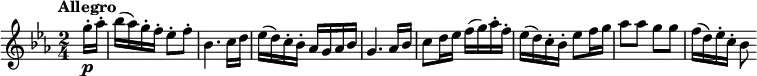 
\version "2.14.2"
 \relative c'' {
         \clef "treble" 
         \tempo "Allegro"
         \key ees \major
         \time 2/4 
         \tempo 4 = 120
     \partial 4 \partial 8   g'16-.\p aes-.
     bes (aes) g-. f-. ees8-. f-.
     bes,4. c16 d
     ees (d) c-. bes-. aes g aes bes
     g4. aes16 bes
     c8 d16 ees f (g) aes-. f-.
     ees (d) c-. bes-. ees8 f16 g
     aes8 aes g g
     f16 (d) ees-. c-. bes8
 }
