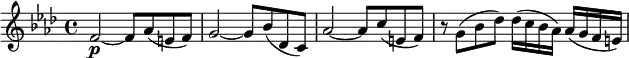 { \relative f' { \key f \minor \time 4/4
f2~ \p f8 as( e f) | g2~ g8 bes( des, c) | as'2~ as8 c( e, f) | r8 g( bes des) des16( c bes as) as( g f e) }}