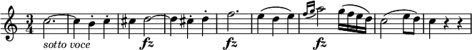 { \relative c'' { \key c \major \time 3/4
c2.~ _\markup { \italic "sotto voce" } | c4 b-. c-. | cis d2~ \fz | d4 cis-. d-.
f2. \fz | e4( d e) | \appoggiatura { f16 g } a2 \fz g16( f e d) | c2( e8 d) | c4 r r }
}