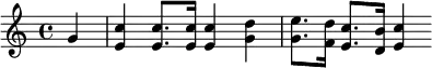 {\skip2. g'4 <e' c''>4 <e' c''>8. <e' c''>16 <e' c''>4 <g' d''>4 <g' e''>8. <f' d''>16 <e' c''>8. <d' b'>16 <e' c''>4}