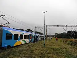 Newag Impuls am Bahnhof Police bei einer Sonderfahrt zum 140. Geburtstag des öffentlichen Verkehrs in Stettin.