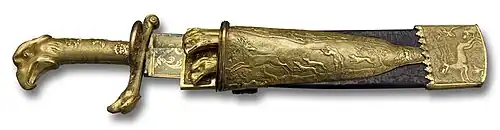 Waidbesteck, mit zwei Beimessern in der Scheide