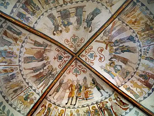 Deckengemälde aus dem 14.&nbsp;Jahrhundert mit biblischen Szenen im Chorraum