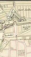 Nördliche Weender Straße mit innerem Weender Tor (W) und barocker Stadtbefestigung. Ausschnitt aus dem Göttingen-Stadtplan von J. A. Overheide, 1737.