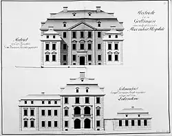 Entwurf von 1784: Haupt- und Seitenfassade des Accouchir-Hospitals (Georg Borheck, Genehmigungsantrag)