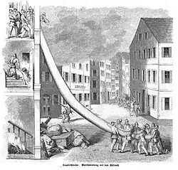 Historische Verwendung eines Rettungsschlauchs zur Personenrettung im Feuerlöschwesen (England, 1850)