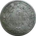 5&nbsp;Lire Vatikan Silber 1870, Raugewicht 25&nbsp;g =&nbsp;22,50&nbsp;g Feinsilber