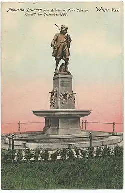 Augustin-Brunnen von dem Bildhauer Hans Scherpe mit dessen Bronzeskulptur, enthüllt im September 1908.