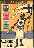 Deutsche Propaganda-Postkarte mit Plebiszit-Briefmarken aus dem Abstimmungsgebiet Allenstein (1920)
