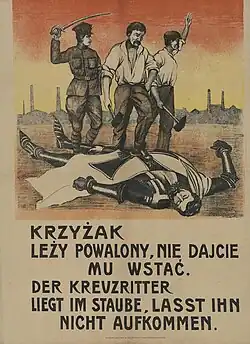 Polnisches Propagandaplakat, zwei Arbeiter und ein polnischer Offizier stehen über einem niederliegenden Deutschritter, der für das im Ersten Weltkrieg geschlagene Deutschland steht