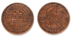 Vorder- und Rückseite einer 1 Franc-Münze von 1943 aus Bronze