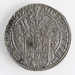 Thaler Georg 1639: Geharnischtes Hüftbild mit Kommandostab und Helm / 5fach behelmtes 11feldiges Wappen (Welter 1453)