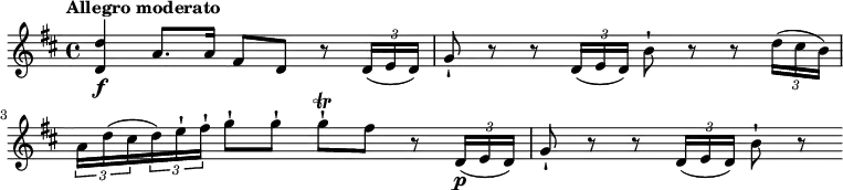 \relative c' {
\version "2.18.2"
\key d \major
\time 4/4
\tempo "Allegro moderato"
\tempo 4 = 70
<d d'>4\f a'8. a16 fis8 d r8 \tuplet 3/2 {d16 (e d)}
g8-! r8 r8 \tuplet 3/2 {d16 (e d)} b'8-! r8 r8 \tuplet 3/2 {d16 (cis b)}
\tuplet 3/2 {a16 d (cis} \tuplet 3/2 {d) e-! fis-!} g8-! g-! g-! \trill fis r8
\tuplet 3/2 {d,16\p (e d)} g8-! r8 r8 \tuplet 3/2 {d16 (e d)} b'8-! r8
}