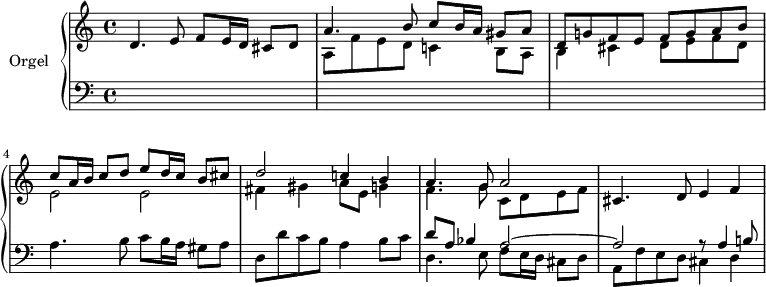 
\version "2.18.2"
 \header {
   tagline = ##f
 }
 upper = \relative c' {
   \clef treble
   \key c \major
   \time 4/4
   \tempo 4 = 70
   \tempo "Presto"
     \set Staff.midiInstrument = #"recorder"

    %%% Dopo l'Epistola (Canzon)
    d4. e8 f8 e16 d cis8 d
    << { a'4. b8 c8 b16 a gis8 a } \\ { a,8 f' e d c!4 b8 a } >>
    << { d8 g! f e f g a b } \\ { b,4 cis d8 e f d } >>
    %% ms 4
    << { c'8 a16 b c8 d e d16 c b8 cis } \\ { e,2 e } >>
    << { d'2 c!4 b } \\ { fis4 gis a8 e g!4 } >>
    << { a4. g8 a2 } \\ { f4. g8 c, d e f } >>
    cis4. d8 e4 f
 }

lower = \relative c {
   \clef bass
   \key c \major
   \time 4/4
     \set Staff.midiInstrument = #"recorder"

   s1*3 a'4. b8 c8 b16 a gis8 a d, d' c b a4 b8 c
   << { d8 a bes4 a2~ } \\ { d,4. e8 f8 e16 d cis8 d } >>
   << { a'2 r8 a4 b!8 } \\ { a,8 f' e d cis4 d } >>

}

\score {
   \new PianoStaff <<
     \set PianoStaff.instrumentName = #"Orgel"
     \new Staff = "upper" \upper
     \new Staff = "lower" \lower
   >>
   \layout {
     \context {
       \Score
       \remove "Metronome_mark_engraver"
     }
   }
   \midi { }
}
