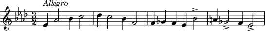 {
  \clef violin \key as \major \time 3/2 \tempo 4 = 120
  \set Score.tempoHideNote = ##t
  es'4 ^\markup{\italic{Allegro}} as'2 bes'4 c''2
  des''4 c''2 bes'4 f'2
  f'4 ges' f' es' bes'2\accent
  a'4 ges'2\accent f'4 es'2\accent
}