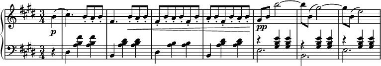 
\new PianoStaff <<{ \new Staff {\key cis \minor \time 3/4 \set Score.tempoHideNote = ##t \tempo 2. = 54 \relative a'  { \partial 4 b(\p cis4.) b8-. a-. b-. fis4. b8-.\< a-. b-. fis[-. b-. a-. b-. fis-. b]-. a[-. b-. fis-. b-. a-. b]-.\! gis[_\markup{\halign #-1 \dynamic pp} b] b'2)~ b8 b,( gis'2)~ gis8 b,( e2) } }}
   \new Staff {\clef bass \key cis \minor \time 3/4  \relative a {r4 dis, <a' b fis'> q b, <a' b dis> q dis, <a' b> q b, <a' b dis> q 
<<
{r4 <gis b e>4 q r <gis b e> q r <gis b e> q}
\\
{e2. b e }
>>
}}
>>