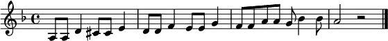\relative c' { \key f \major \time 4/4 \tempo 4 = 180 \set Score.tempoHideNote = ##t \autoBeamOff a8[ a8] d4 cis8[ cis8] e4 | d8[ d8] f4 e8[ e8] g4 | f8[ f8 a8 a8] g8 bes4 bes8 | a2 r2 | \bar "|." }