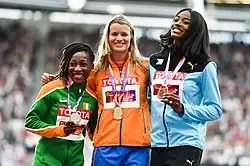 Die drei Medaillengewinnerinnen (v.&nbsp;l.&nbsp;n.&nbsp;r.): Marie-Josée Ta Lou, Dafne Schippers, Shaunae Miller-Uibo