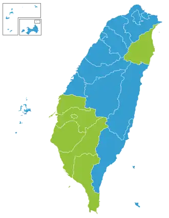 Wahlkreismehrheiten bei der Wahl ﻿Absolute Mehrheit für Tsai Ing-wen/Su Jia-chyuan ﻿Absolute Mehrheit für Ma Ying-jeou/Wu Den-yih
